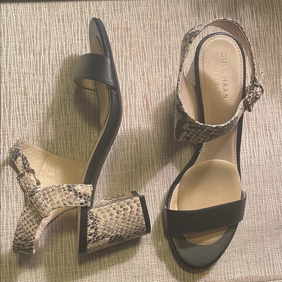 Cole Haan Women's Black and Snake Print Block Heel Sandals. 6B - Picture 1 of 6